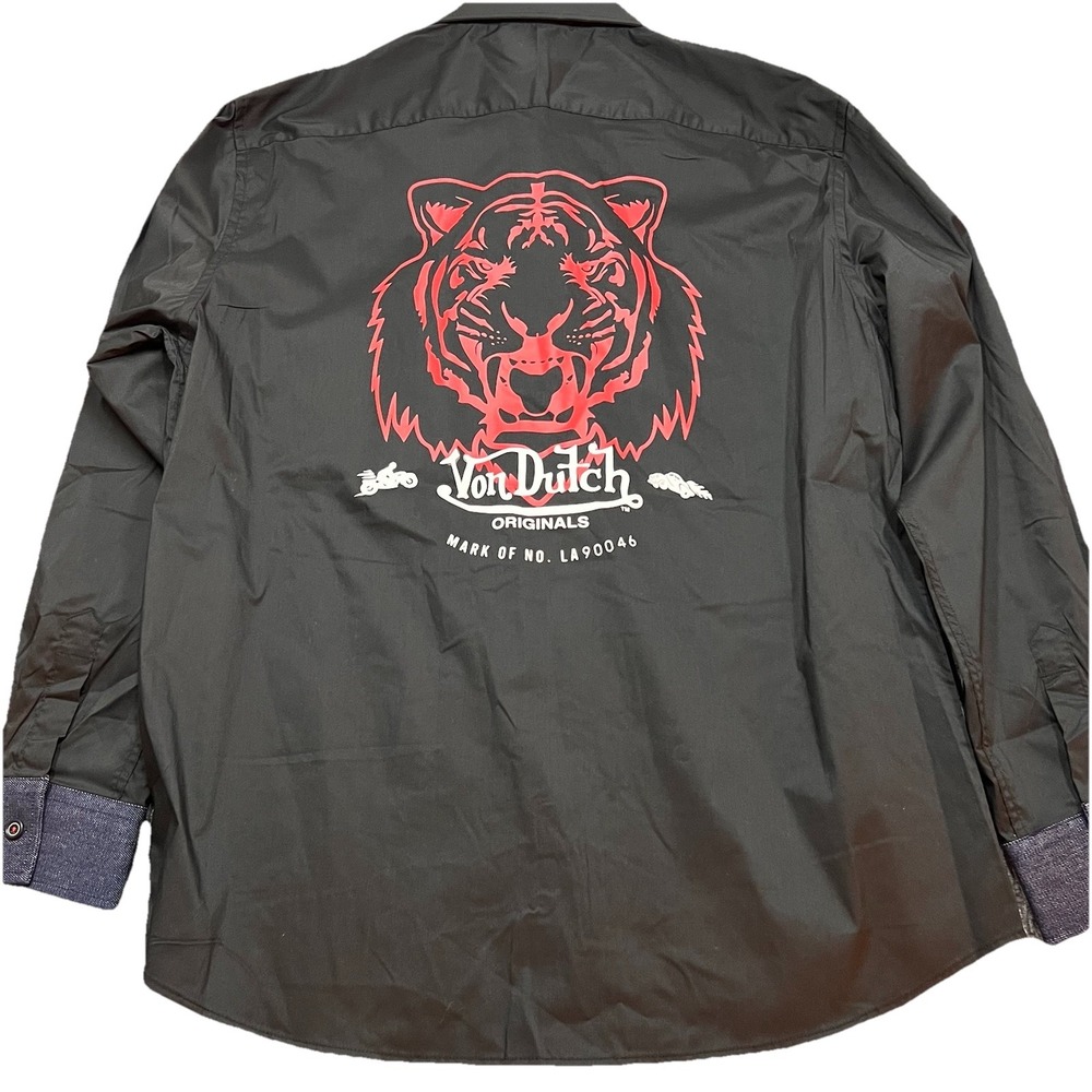 Von Dutch Mens Black Solid Lion Graphic Logo Button Down Shirt Stretch Large New
